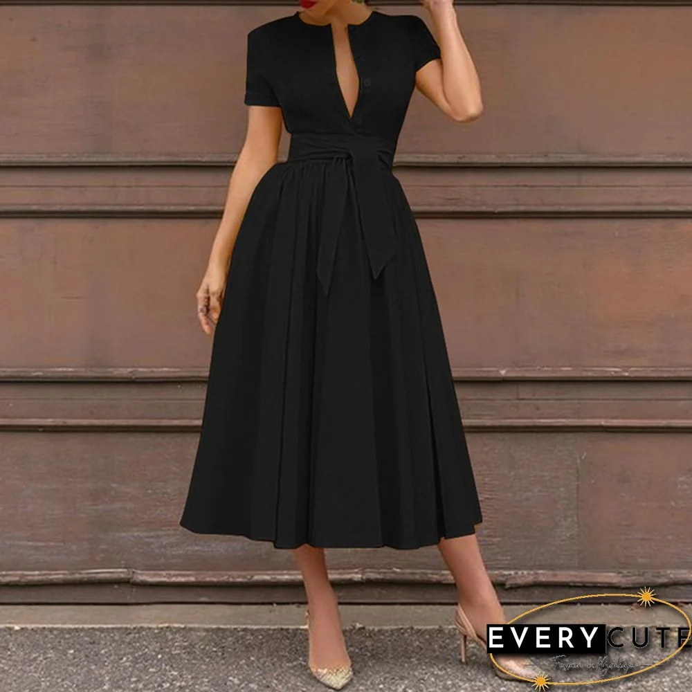 Retro Women Summer Sexy Short Sleeve Long Shirt Dress Party Elegant Big Swing Pleated Maxi Sundress