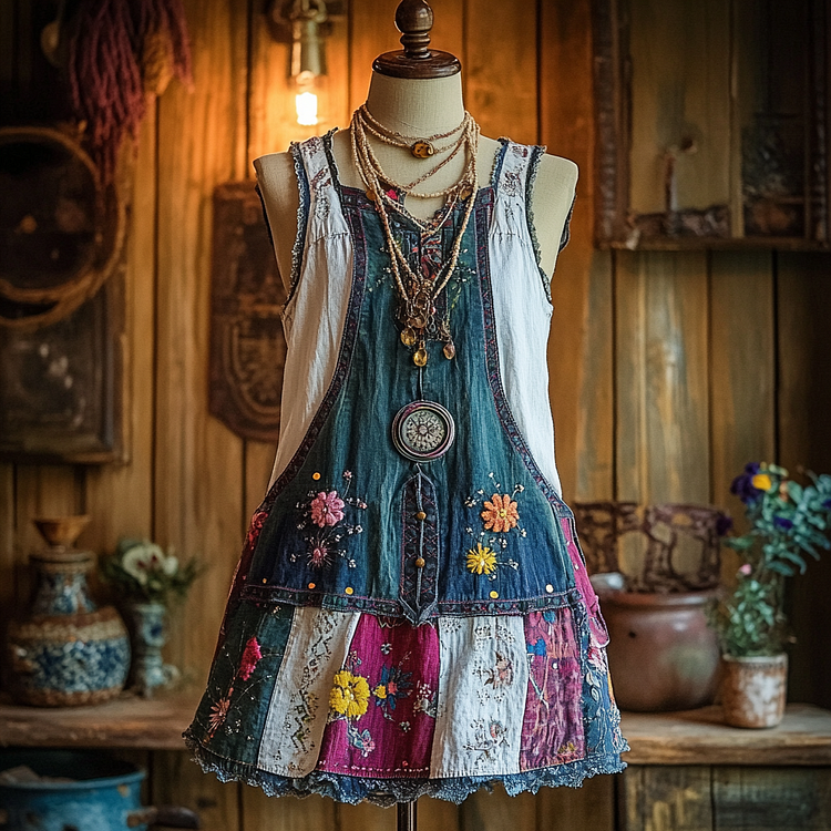 VChics Vintage Denim Floral Patch Sleeveless Dress