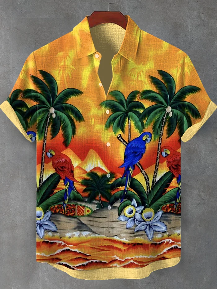 Men's Tropical Landscape Parrots Art Print Vacation Shirt