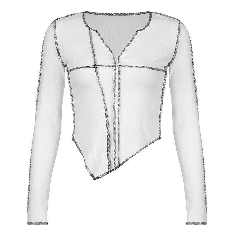 Y2K Korean Sexy Split Line Tops Tee Retro Grunge Chic Patchwork Slim Shirts Autumn Solid Long Sleeves Tshirt Woman
