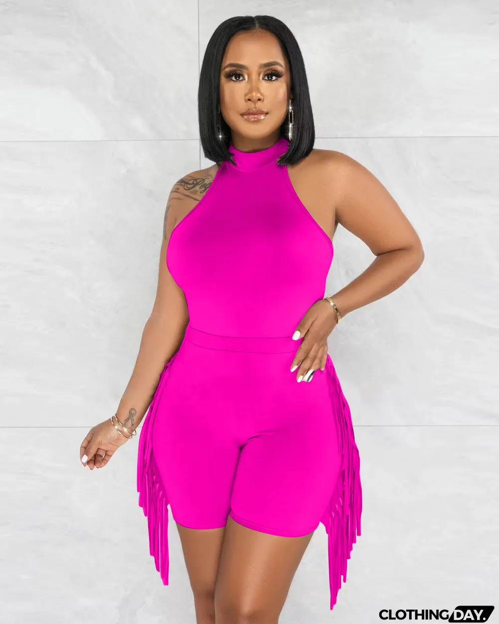 Women's fashion sports ofringed shorts two-piece set