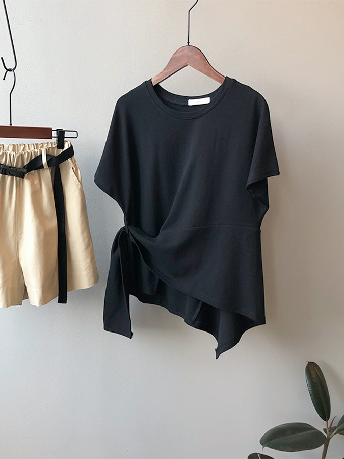 Cotton Paneled Crew Neck Short Sleeve Shirts & Tops QueenFunky