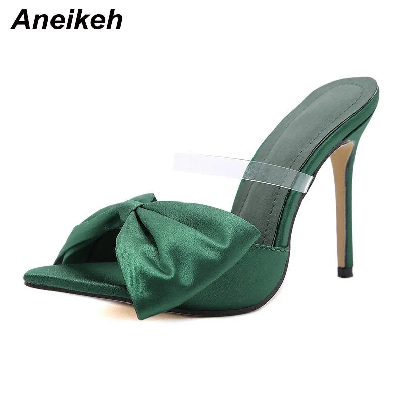 Aneikeh NEW Summer Concise Silk Butterfly-Knot STILETTO MULES Women's Pumps 2021 Sexy Pointed Toe Slingbacks Ladies Party Shoes
