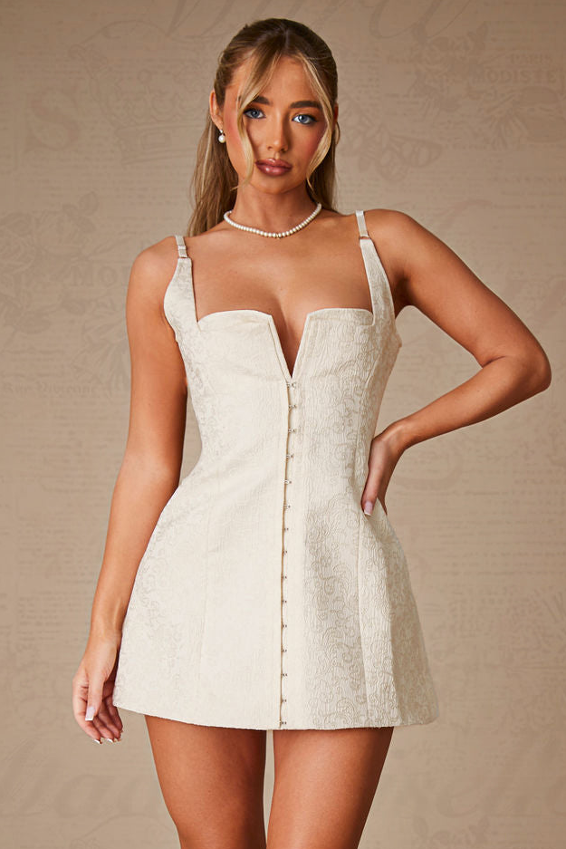 Wide Straps Single-Breasted A-Line Textured Mini Dresses-White