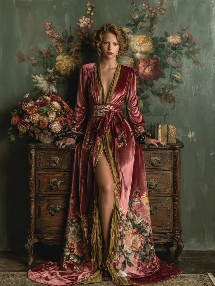 Women's Vintage Gorgeous Slim-Fit Pink Velvet Robe (belt Included)