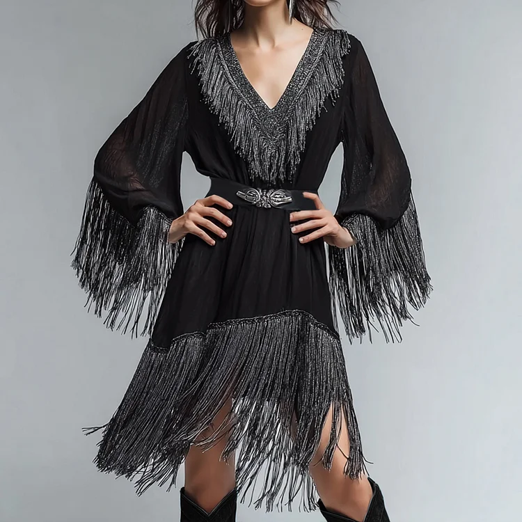 Ursime Boho V Neck Lantern Sleeve Long Fringe Midi Dress