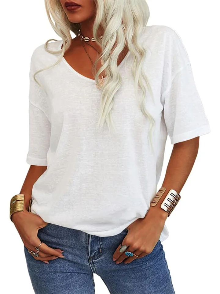 Summer New Women's Solid Color Short-sleeved V-neck T-shirt Tops