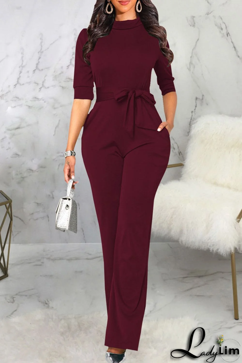 Brown Casual Solid Split Joint With Belt Half A Turtleneck Straight Jumpsuits