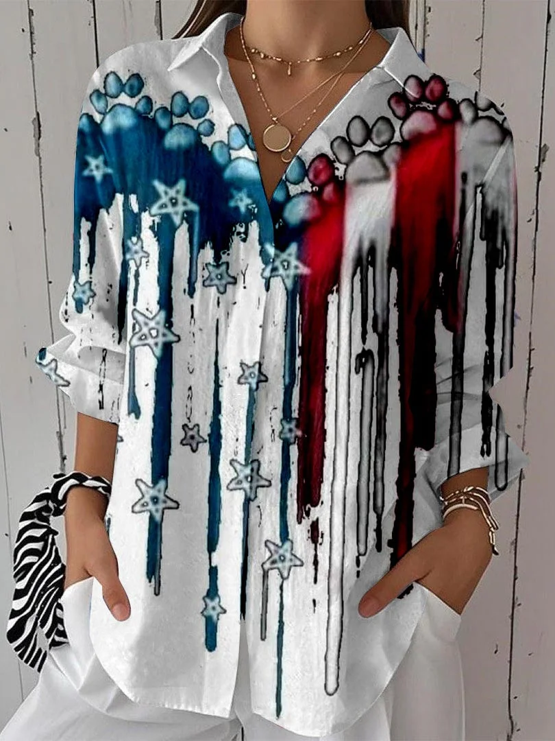 Women 3/4 Sleeve Shirt Collar National Flag Printed Graphic Button Tops