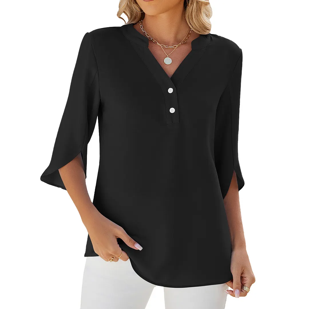 Churchf Churchf / Summer 2024 New V-Neck Button Middle Sleeve Solid Color Casual T-Shirt Chiffon