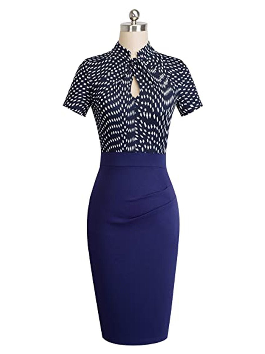 Women's Work Dress Polka Dots Stripe Hollow Out Blue Pencil Dress