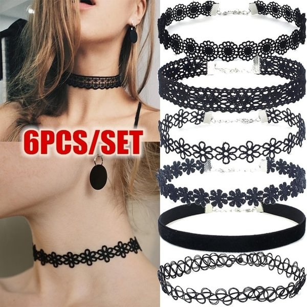 6Pcs/Set Choker Necklace Set Stretch Velvet Classic Tattoo Lace Choker - Shop Trendy Women's Fashion | TeeYours