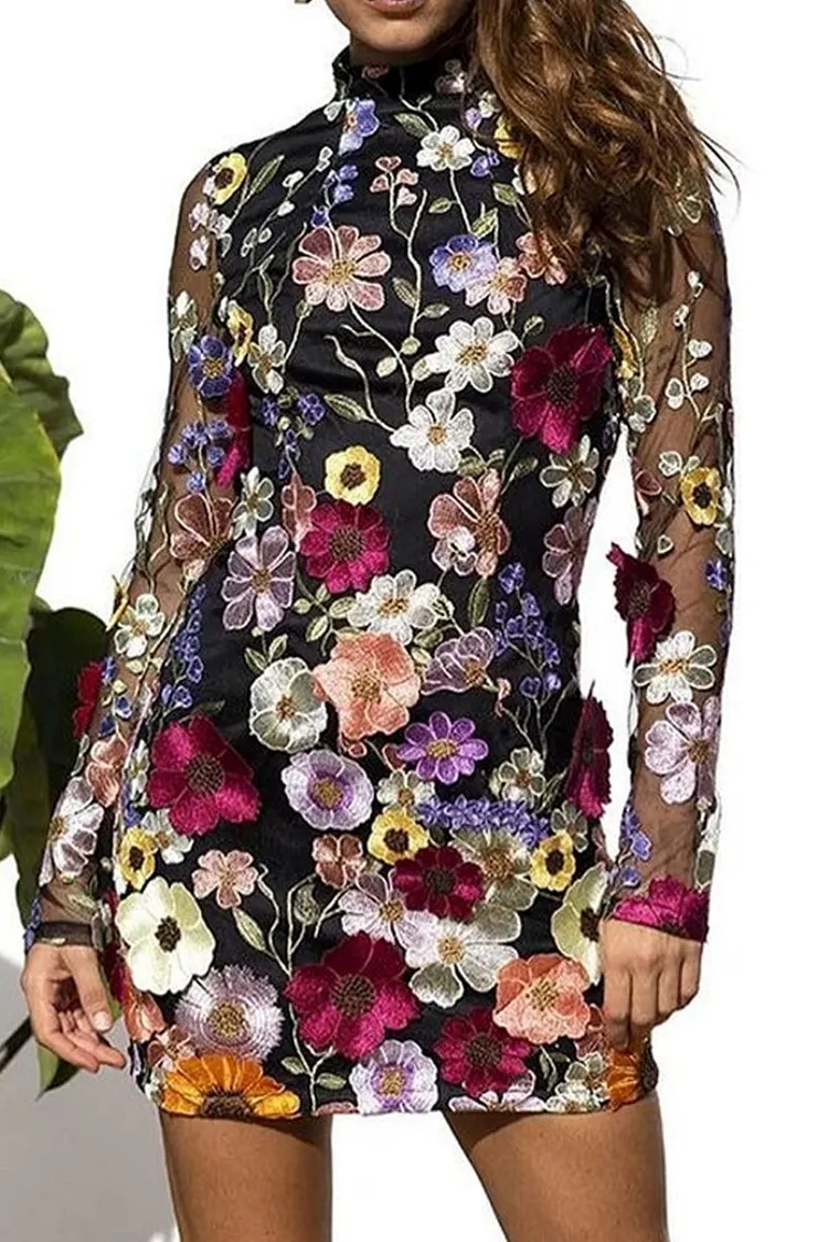Celebrities Floral Patchwork Zipper O Neck Long Sleeve Dresses