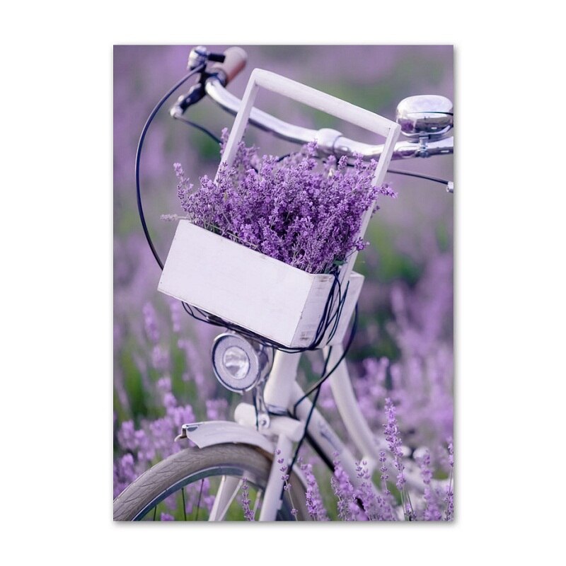 Nordic Art Canvas Printed Painting Purple Lilac Lavender Poster Bicycle Flower Country Picture Living Room Sofa Wall Decoration