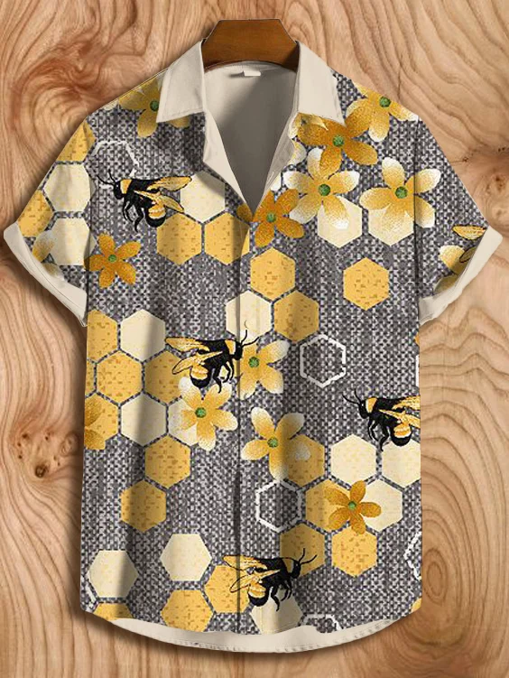 Men's Bees Floral Honeycomb Pattern Print Short Sleeve Shirt