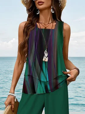 Women's Sleeveless Square Collar Graphic Printed Casual Set