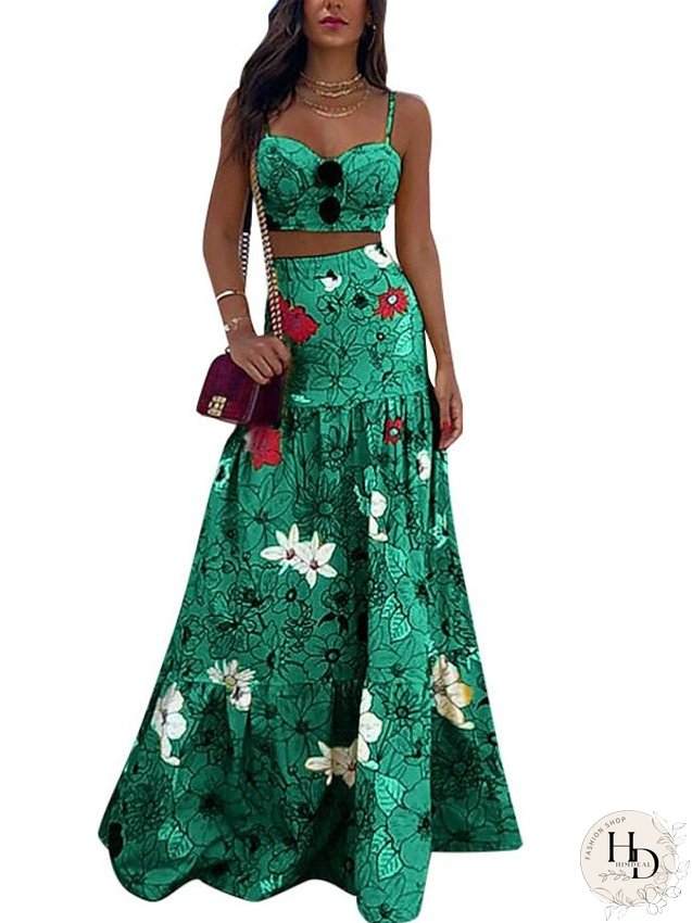 Dress Set Two Piece Dress Swing Dress Long Dress Maxi Dress Yellow Green Sleeveless Floral Backless Spring Summer Spaghetti Strap Vacation S M L XL XXL 3XL for Women