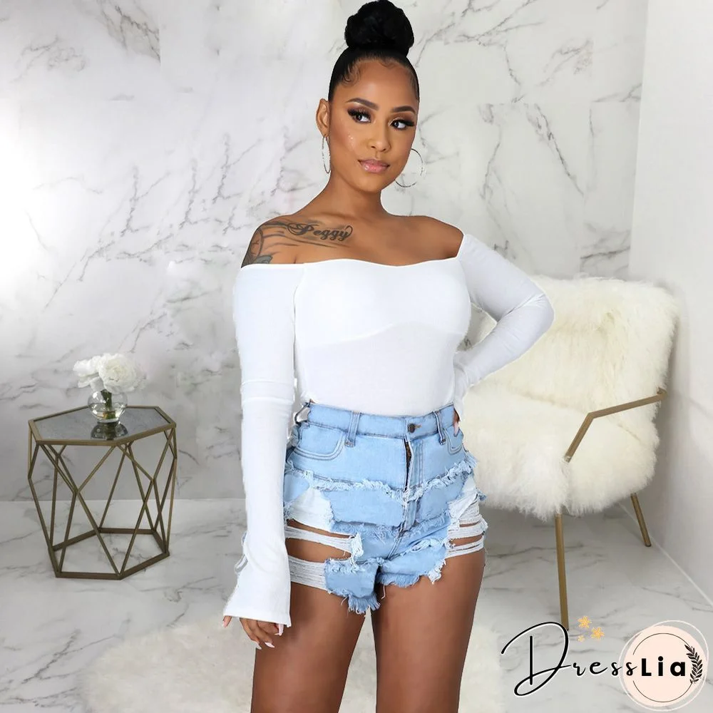 Summer Sexy Patchwork Women Ripped High Waist Holes Stretch Streetwear Plus Size Denim Shorts