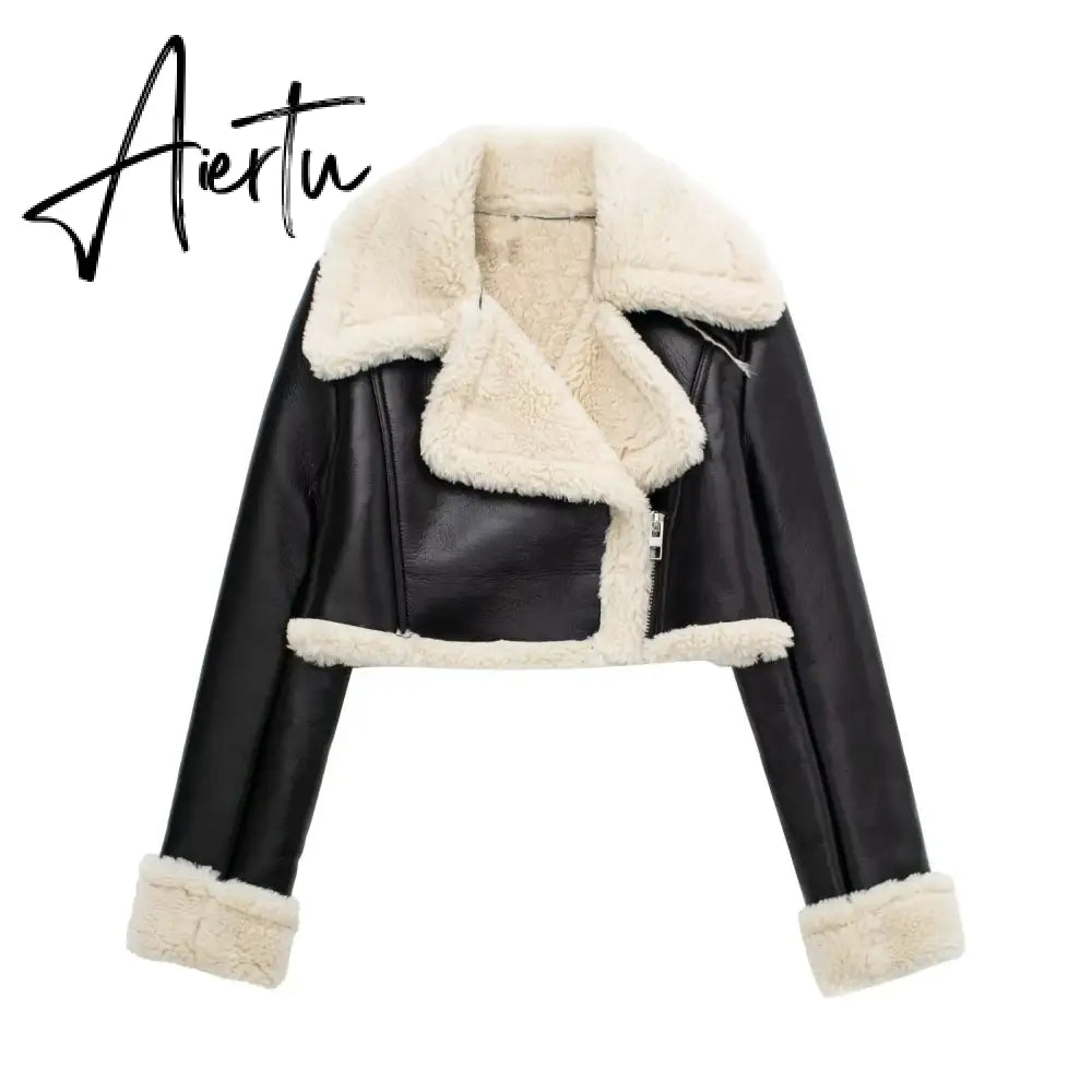 Fashion Double Sided Short Jacket Women Warm Thick Lapel Lambswool Coat Autumn Winter Vintage Female Fleece Chic Tops Aiertu