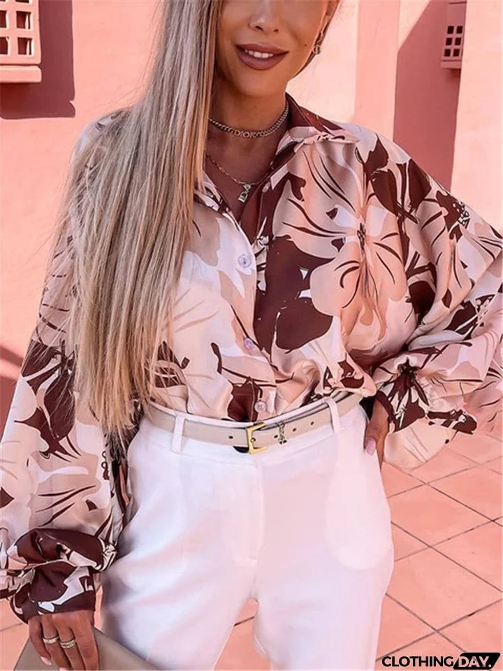 Women Floral Printed Turn-Down Collar Blouses