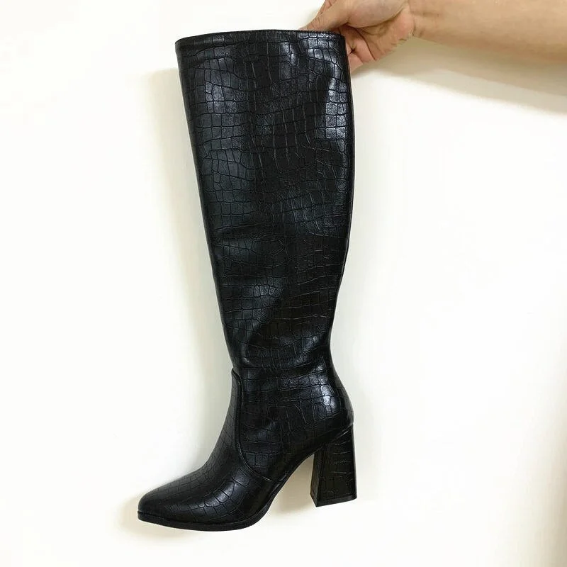 Faux Leather Women Knee High Boots poined Toe Boots Women Long thick High Heel Boots black gold yellow green