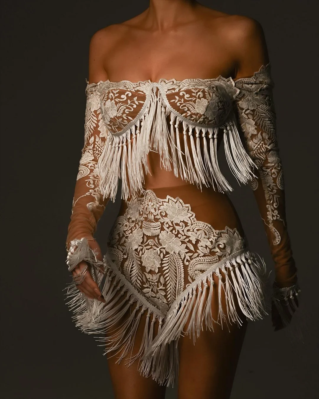 Women's Off-Shoulder Lace Tassel Two-Piece Dress