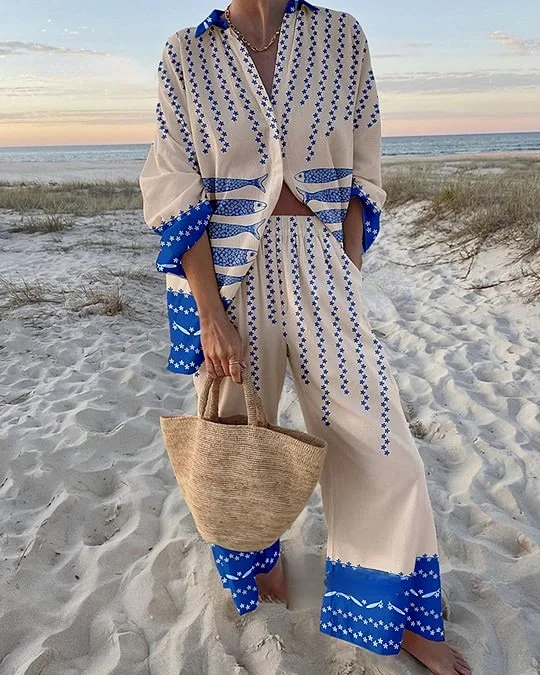 Retro fish pattern print two piece set