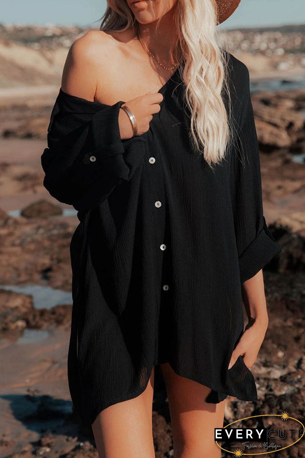 Casual Solid Split Joint Turndown Collar Tops