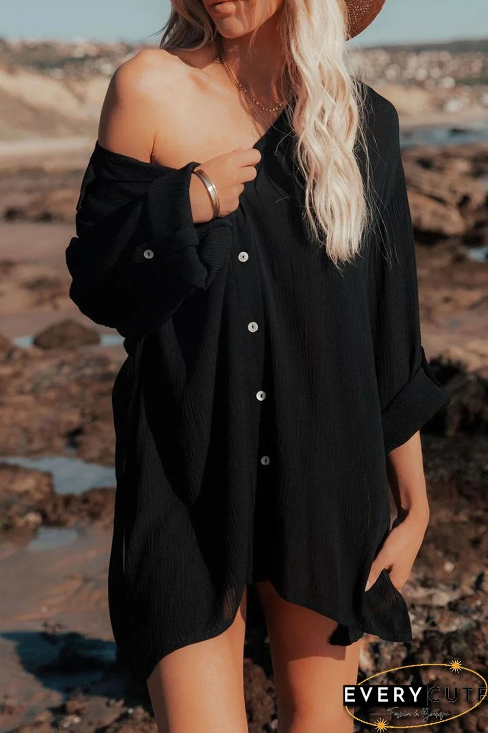 Casual Solid Split Joint Turndown Collar Tops