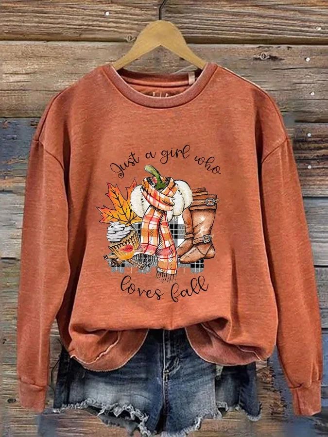 Women's Just A Girl Who Loves Fall Print Crew Neck Long Sleeve Sweatshirt