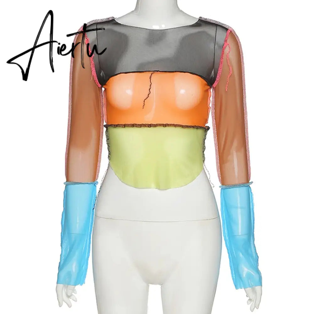 Women striped patchwork ribbons femme t-shirts Autumn o-neck long sleeve neon color casual streetwear fashion outfit Aiertu