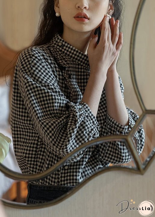 French Plaid Stand Collar Ruffled Cotton Shirt Long Sleeve