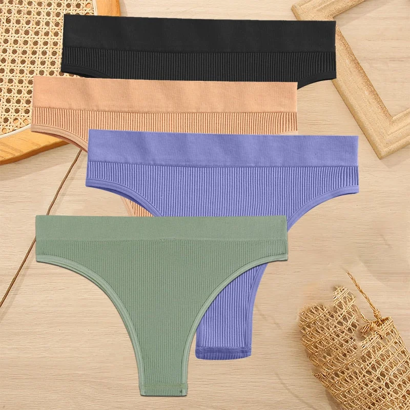 FINETOO 4PCS/Set Women Seamless Pantys Girls Thongs High Waisted Soft Woman Briefs 10 Solid Colors S-XL Sexy Underpant For Women
