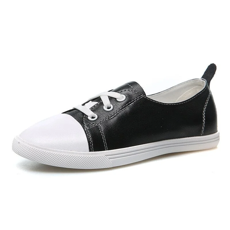 Big Size Women White Genuine Leather Sneakers Spring Vulcanized Shoes Women's Flat Lace Up Casuals Maternity Shoe Female Loafers