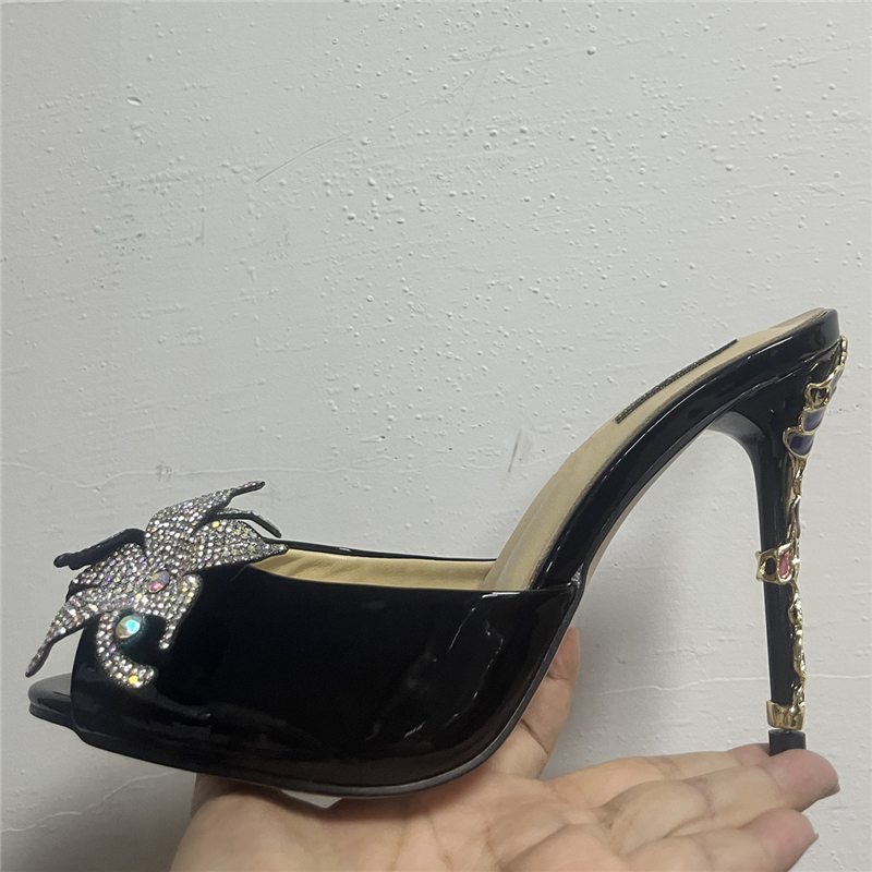 VCSHOES Jeweled Crystal Flower Sandals Women Patent Leather Slingbacks Petal Decor High Heel Shoes