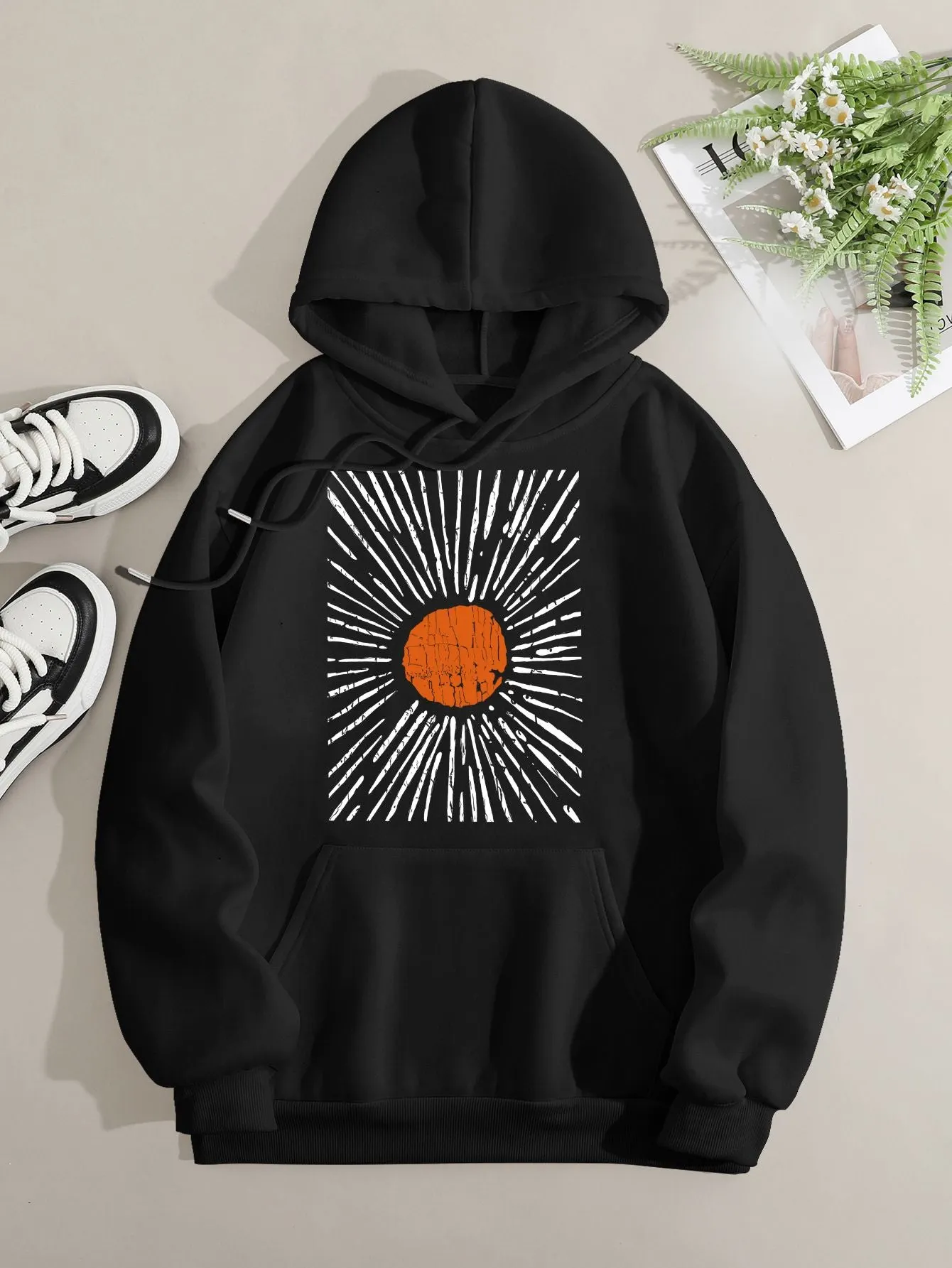 Printed on front Kangaroo Pocket Hoodie Long Sleeve for Women Pattern Sunset