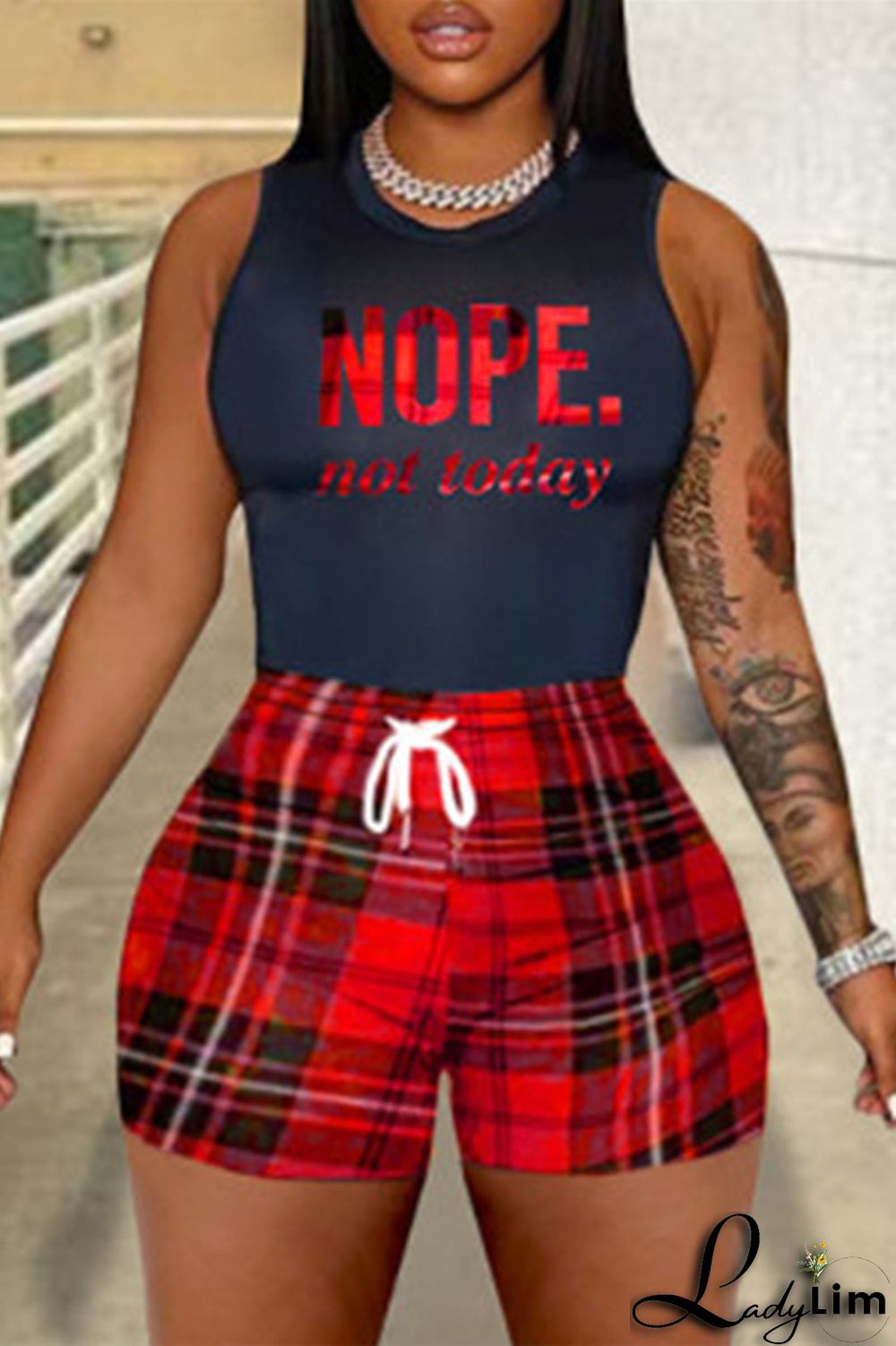 Red Fashion Casual Letter Print Basic O Neck Plus Size Two Pieces