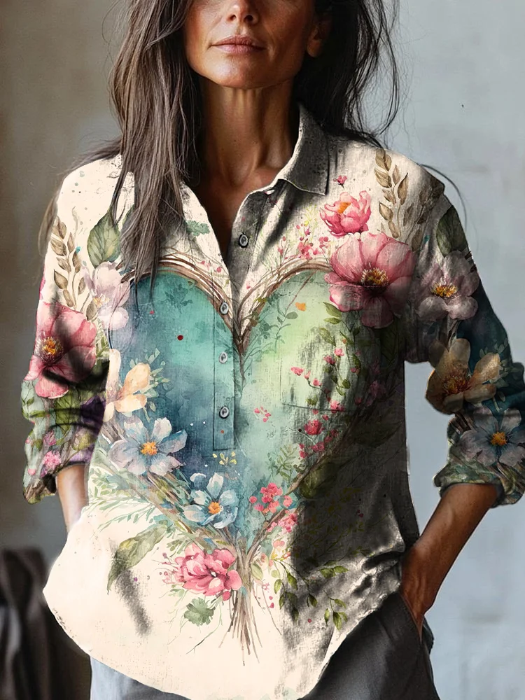 Women's Retro Heart Floral Print Casual Cotton and Linen Shirt
