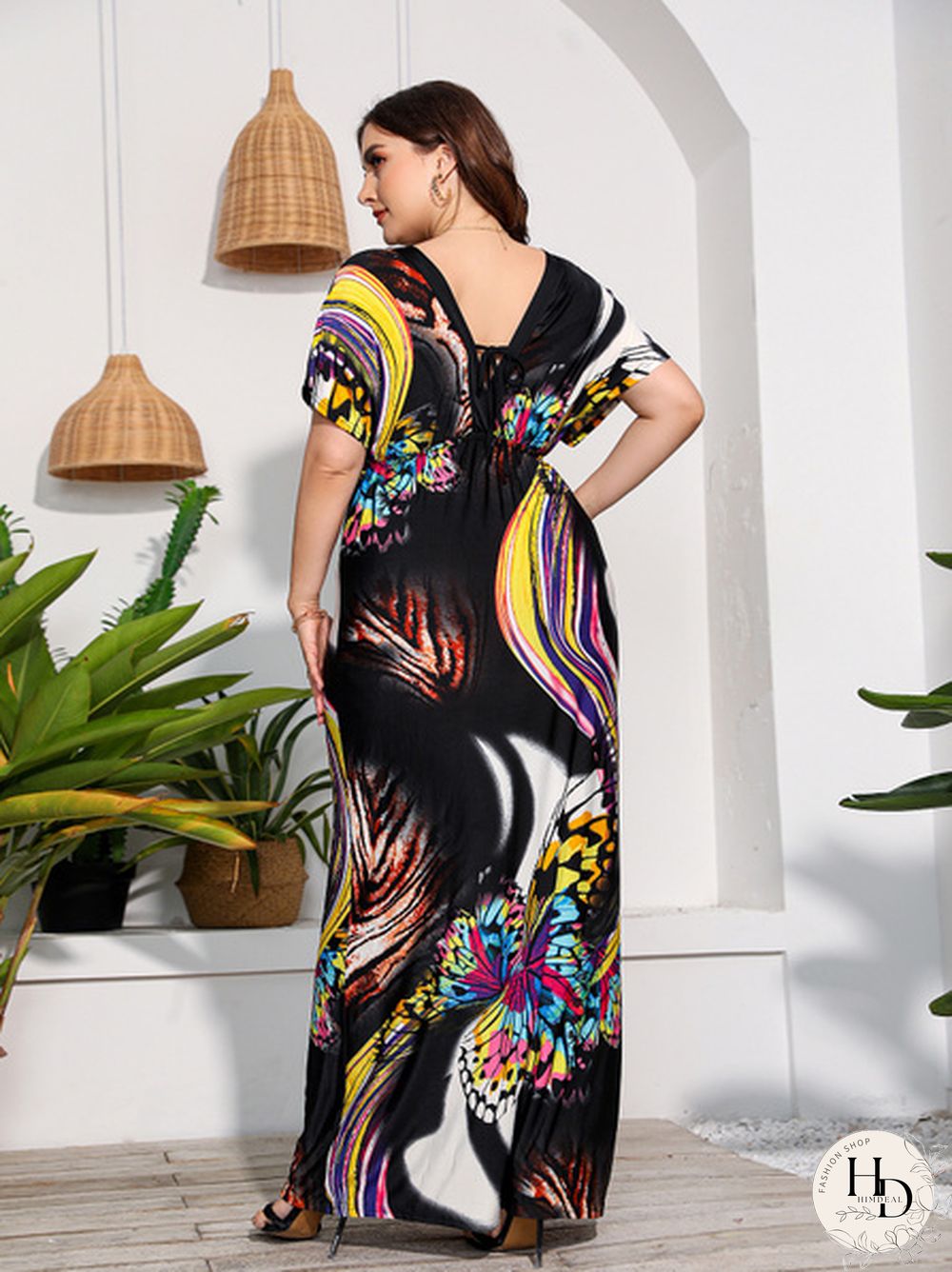 Plus Size Butterfly Print Smocked Waist Maxi Dress
