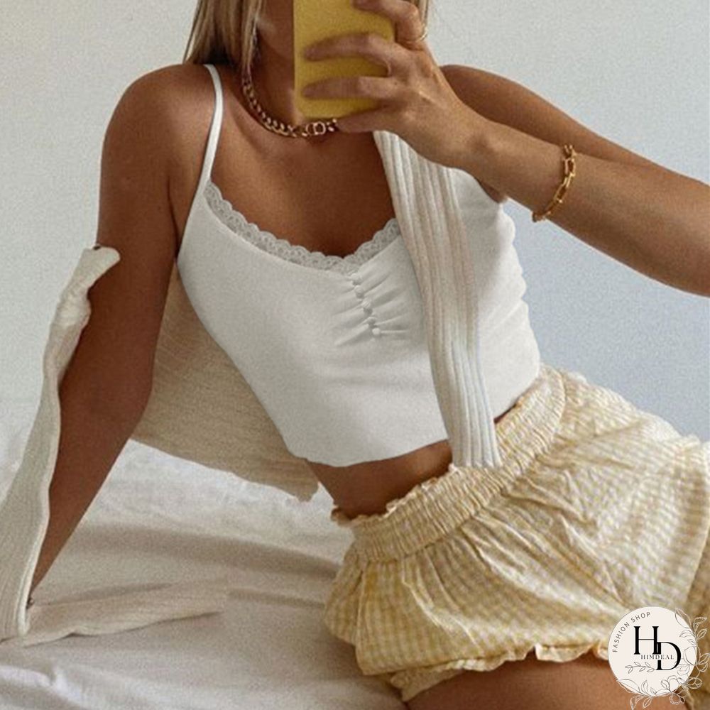 Streetwear Lace Patchwork Summer White Tank Top Women Home Y2K Fashion Leisure Outfit Basic Casual Crop Tops Kawaii Clothes