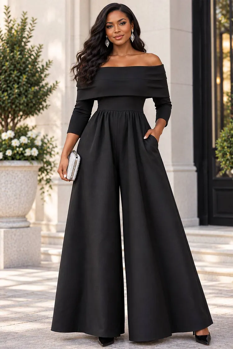 Xpluswear Design Plus Size Cocktail Party Black Off The Shoulder 3/4 Sleeve Wide Leg Pocket Satin Jumpsuits [Pre-Order] 2024 - Xpluswear