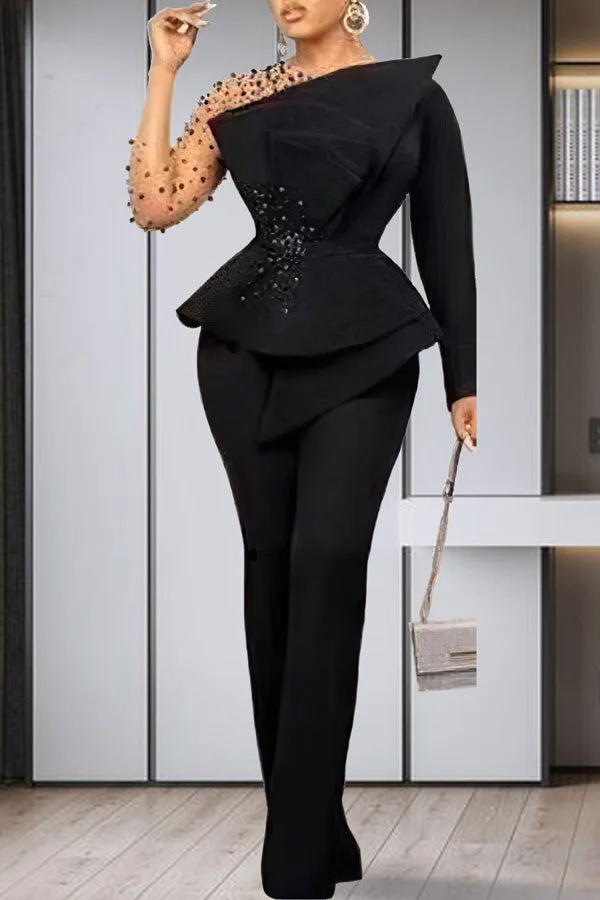 Elegant Mesh Long Sleeve Stitching Beaded A-Line Top Slim Pant Suits