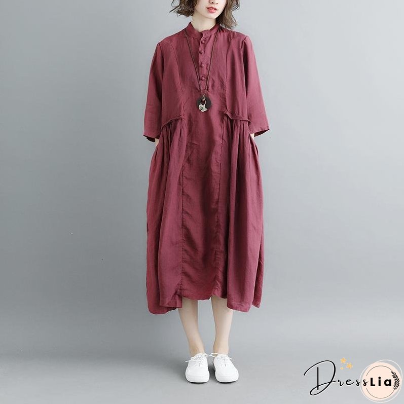 Summer Short Sleeve Buttons Pockets Purple Pleated Retro Dress