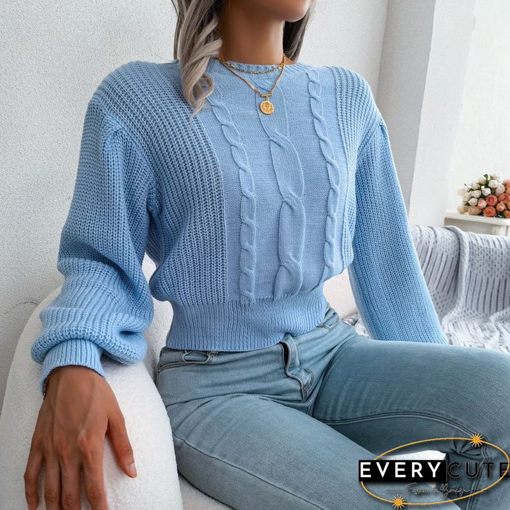 Twist Knit Sweater Pullover For Women Fall New Solid Knitwear Casual Full Balloon Sleeve Waist Skinny Short Sweater
