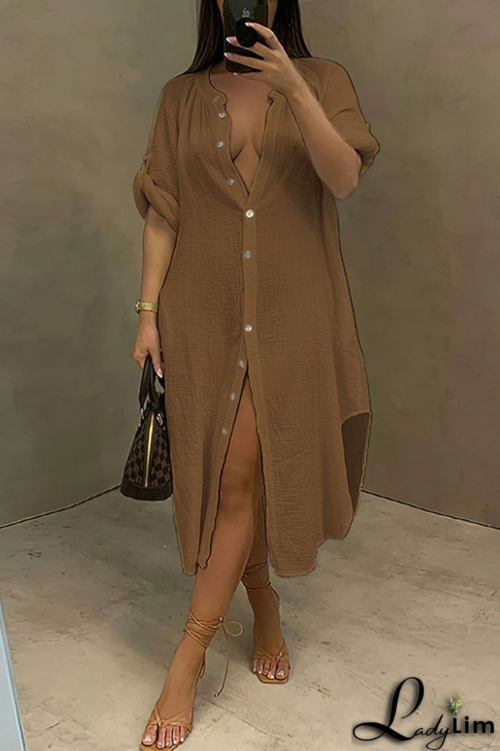 White Casual Solid Split Joint Buckle Asymmetrical Shirt Dress Dresses