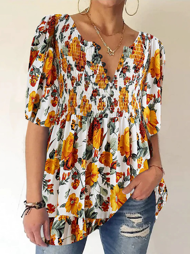 Women's Half Sleeve V-neck Floral Printed Stitching Top