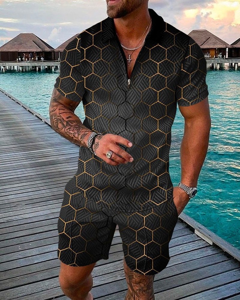 Men's casual printed polo suit
