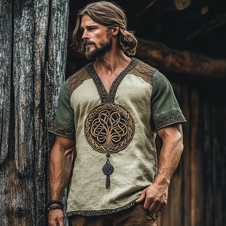Men's Viking Life Of Tree Celtic Knot Art Linen V-neck T Shirt