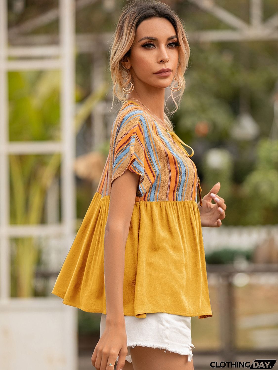 Striped Tie Neck Short Sleeve Blouse