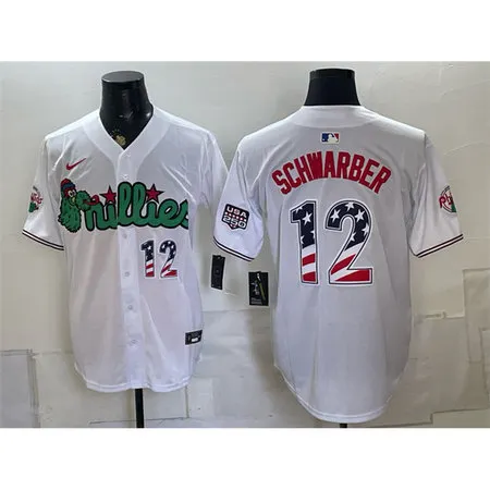 Men's Philadelphia Phillies #12 Kyle Schwarber White Phanatic USA 250 Fourth of July Jersey DAR5